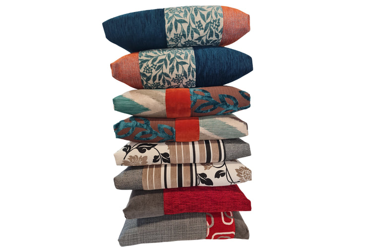 unique fabrics mixed together creating funky cushions