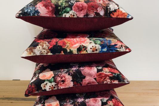 Flowerbomb - Scarlet and Keylargo / Bordeaux Cushion Covers x 4