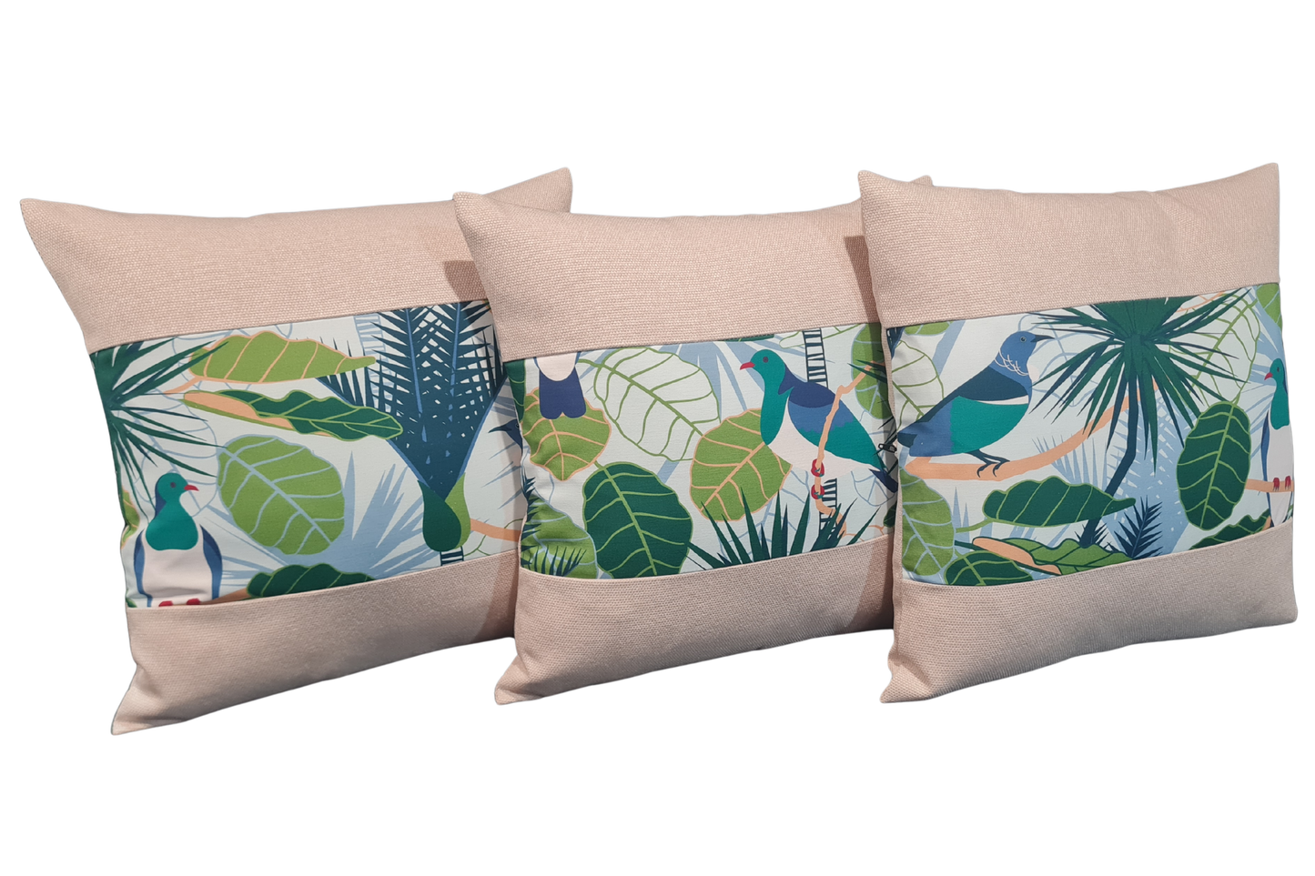 NZ Native Cushion Cover - Kereru & Tui - Linen Border # 2