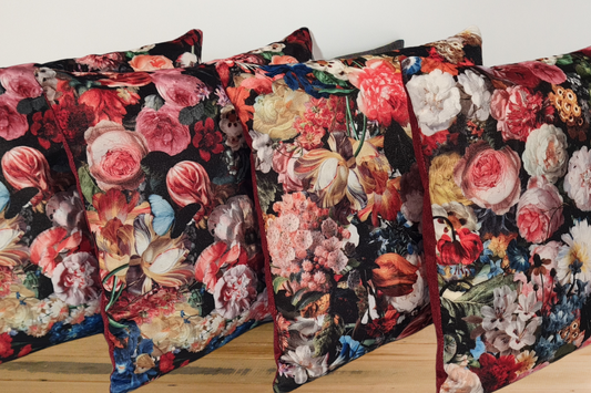 Flowerbomb - Scarlet and Keylargo / Bordeaux Cushion Covers x 4