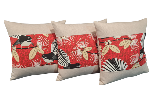 Pīwakawaka / Fantail Cushion Cover - Linen Border - Set of 3