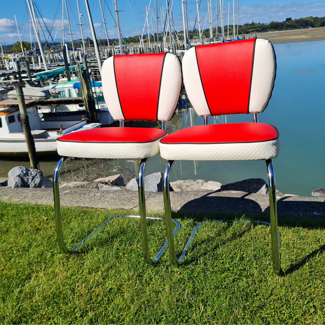 Pair of Chrome Chairs, Red, White and Black