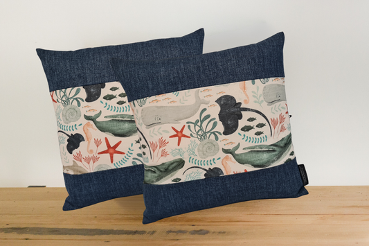 Sea life creatures cushion covers- Navy Border
