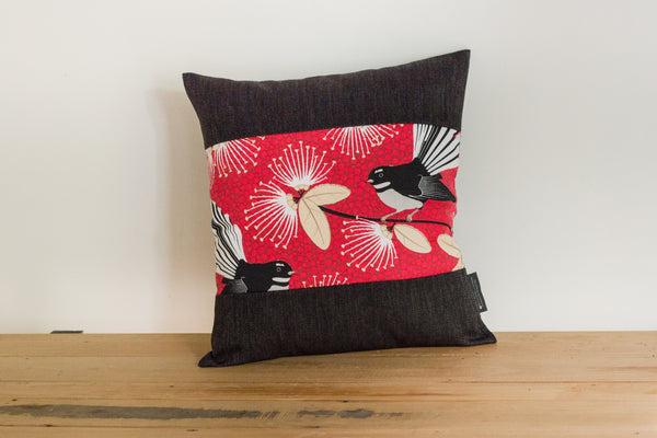 Pīwakawaka Cushion Cover - Fantail Red - Black Border