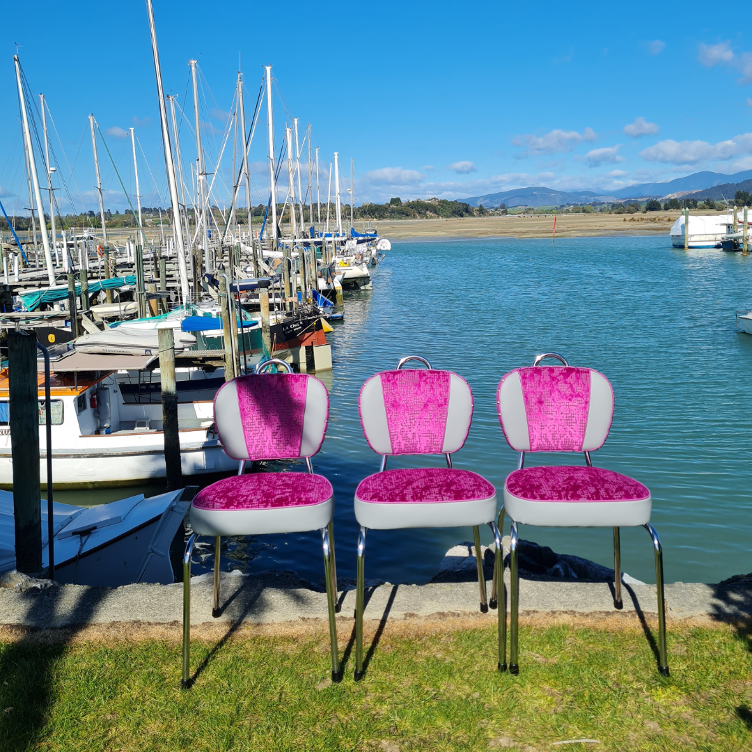 Magenta Fabric / Grey Chrome Chairs "Set of 3"