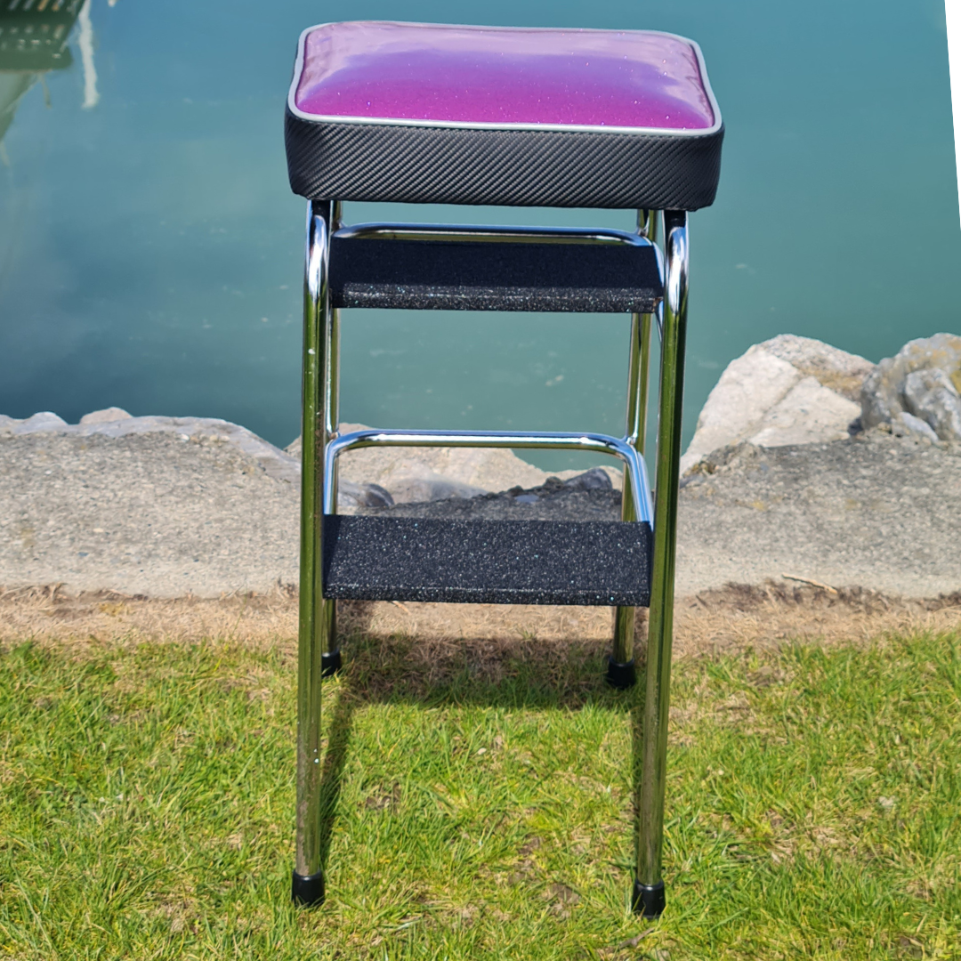 Retro Chrome Step Stool - Seat Purple Glitter