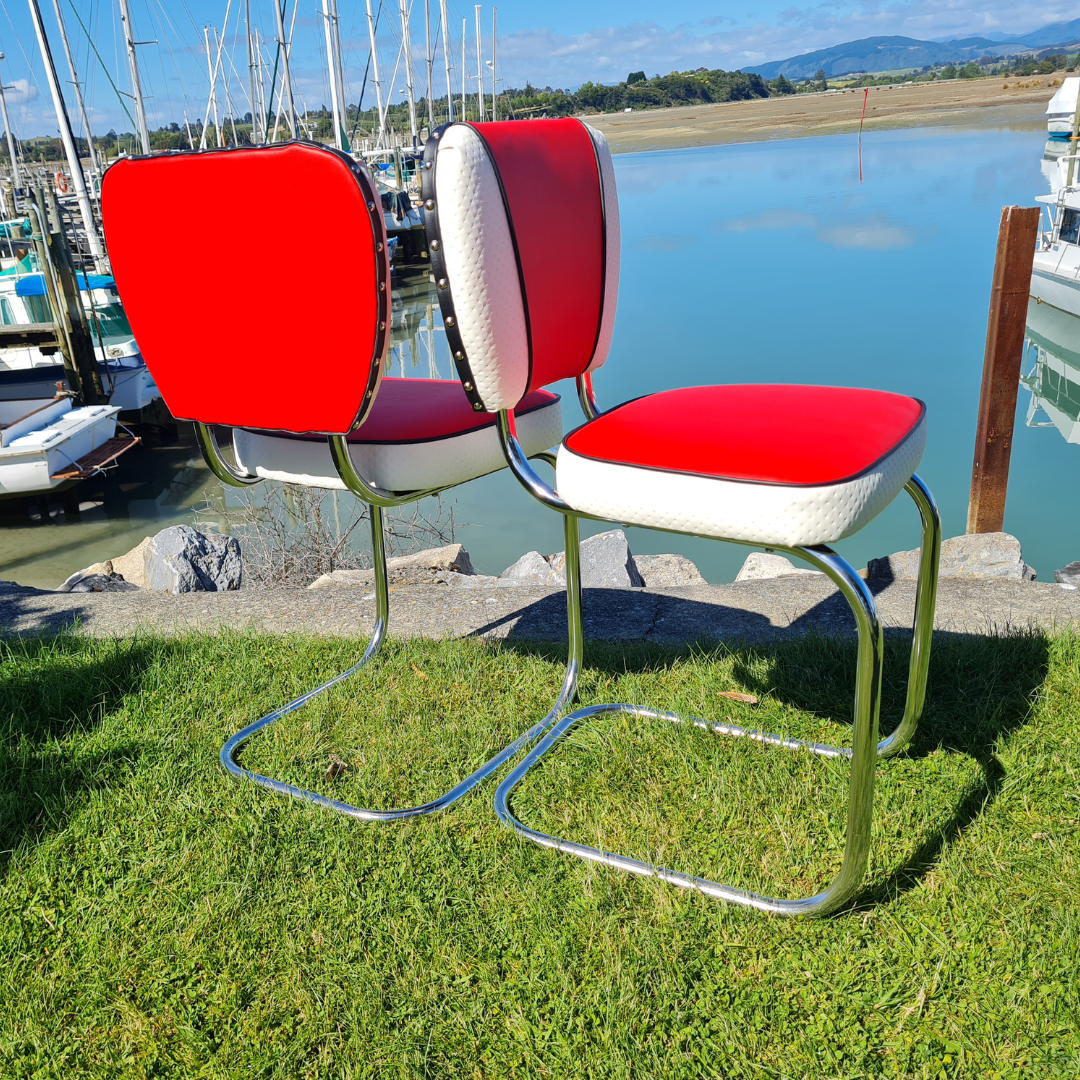 Pair of Chrome Chairs, Red, White and Black