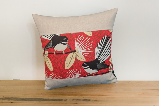 Pīwakawaka / Fantail Cushion Cover - Linen Border - # B