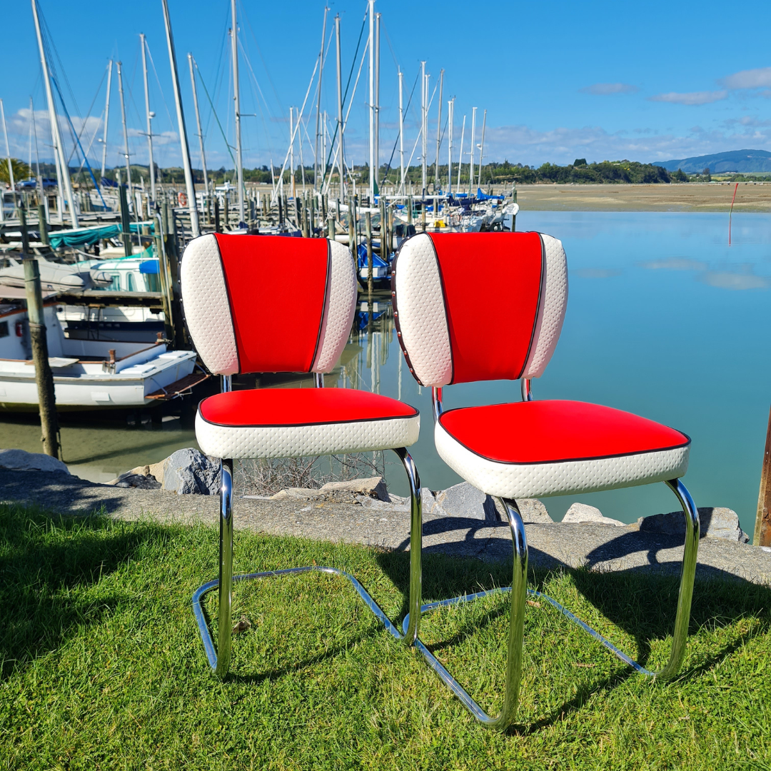 Pair of Chrome Chairs, Red, White and Black