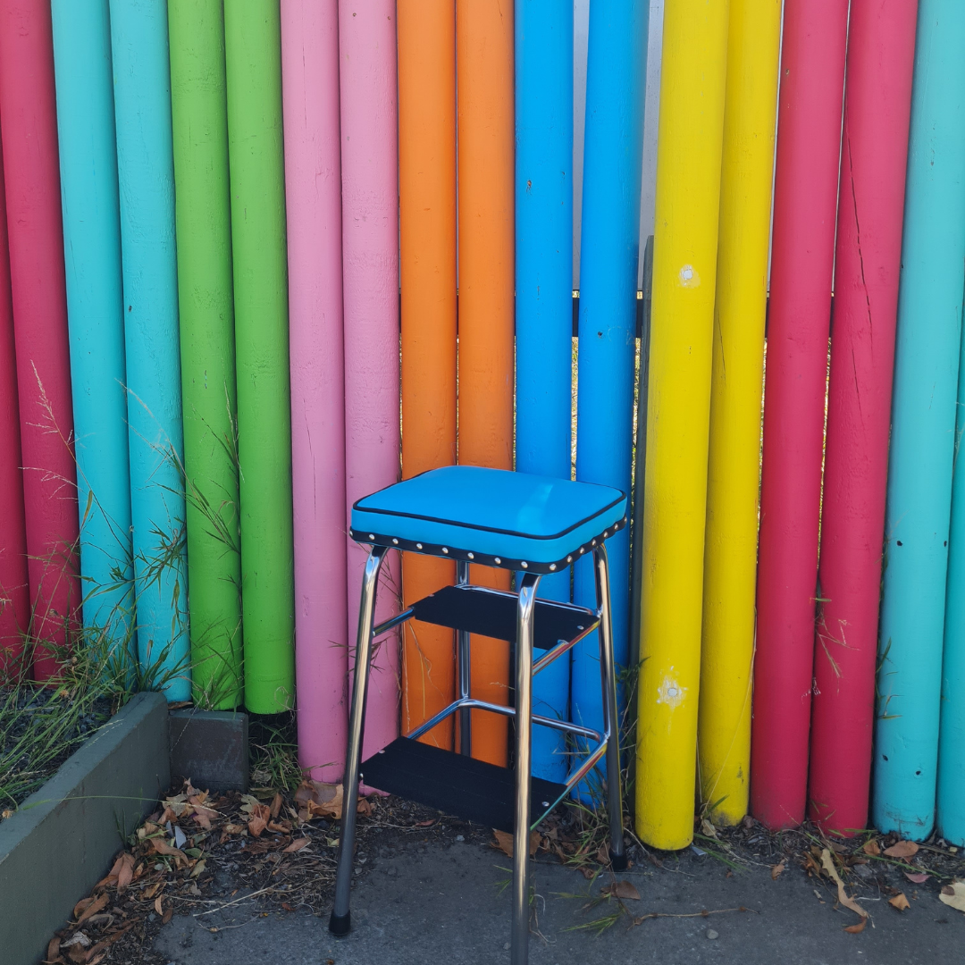 Retro Chrome Step Stool - Seat Blue