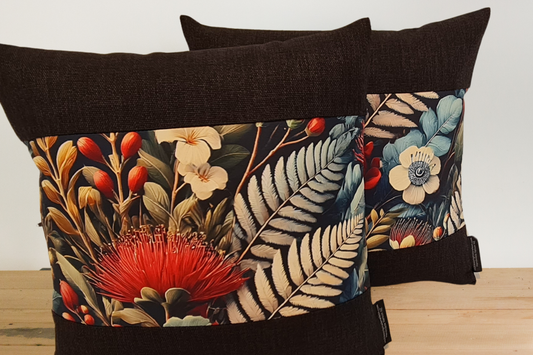Pohutukawa & Kanuka Cushion Covers - Ebony Border