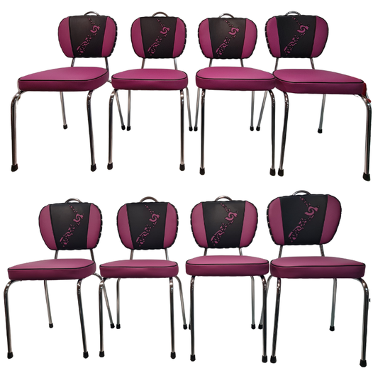 Picture of eight purple chairs with black backrests on a white background
