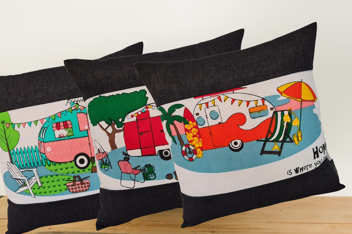 Mixed Caravan Cushion Covers - Ebony Border - Set of 3