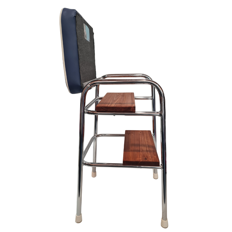 Step stool with wooden seat and backrest on a white background
