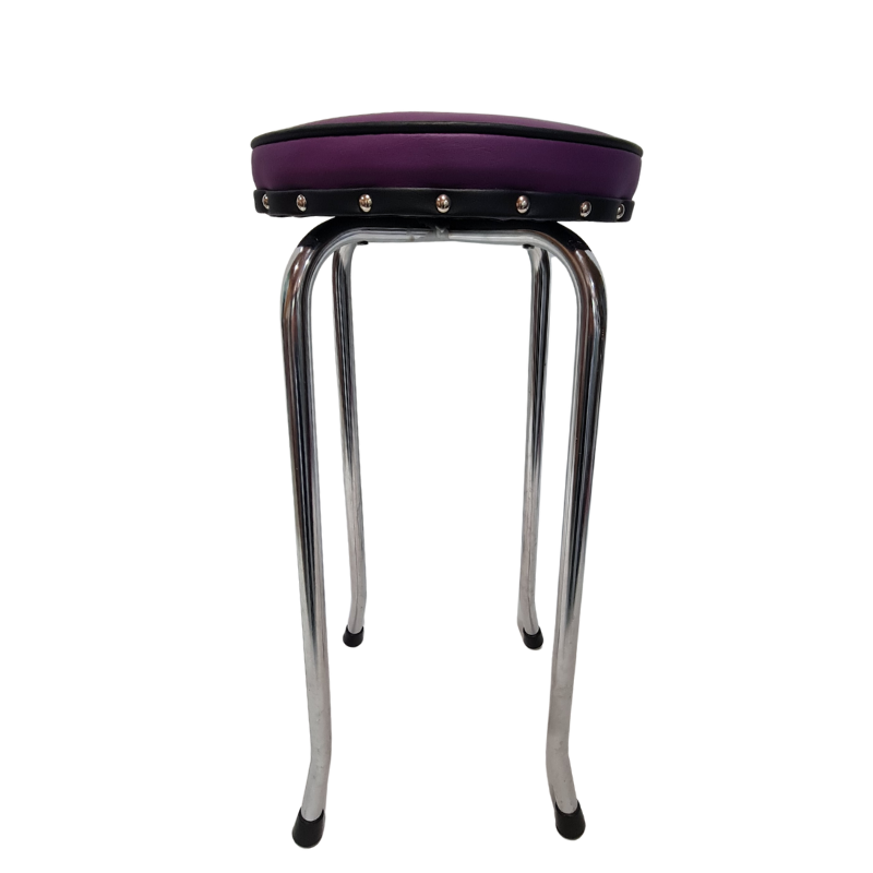 Bar stool with purple cushioned seat and metal legs on a white background
