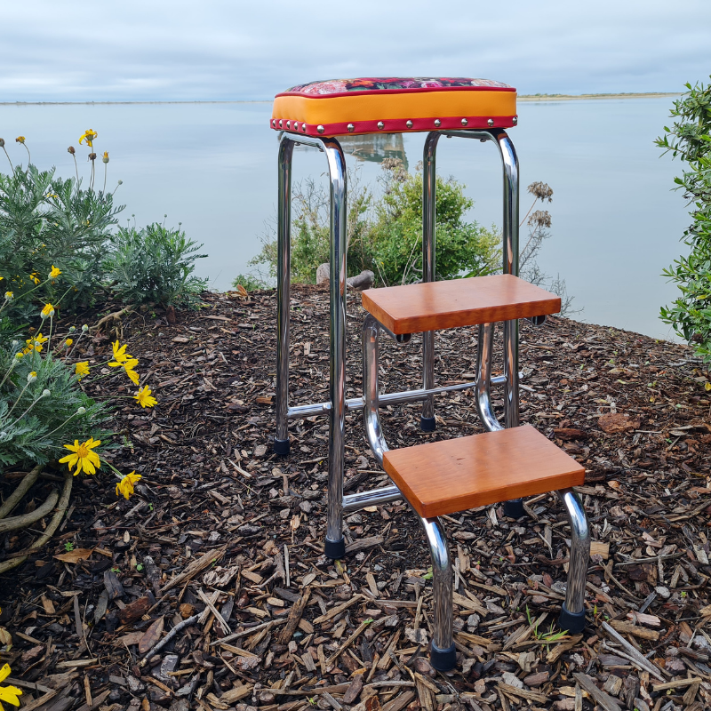 Retro Chrome Stool - Seat - Wooden Steps