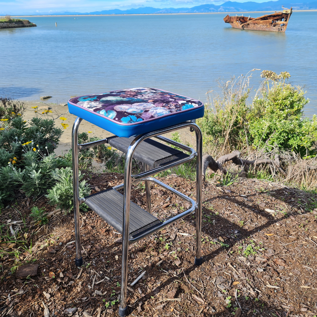 Retro Chrome Step Stool - Seat Flower Bombed Teal - Purple