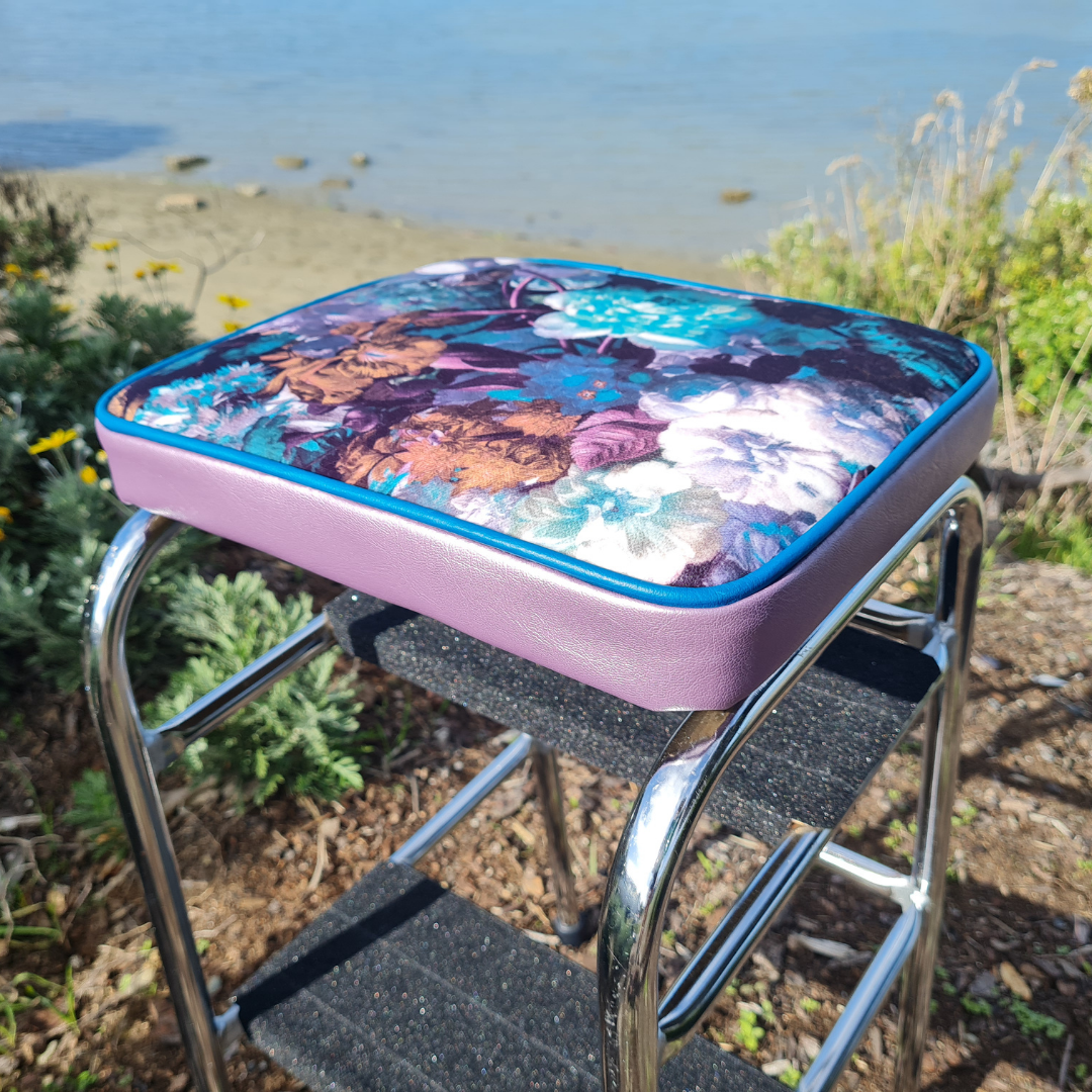 Retro Chrome Step Stool - Seat Flower Bombed Purple