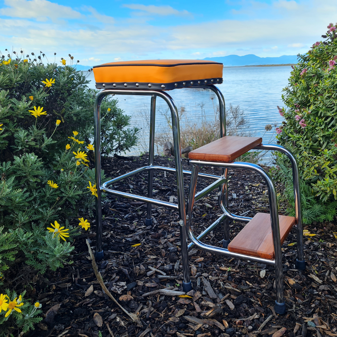 Retro Chrome Stool - Seat - Wooden Steps