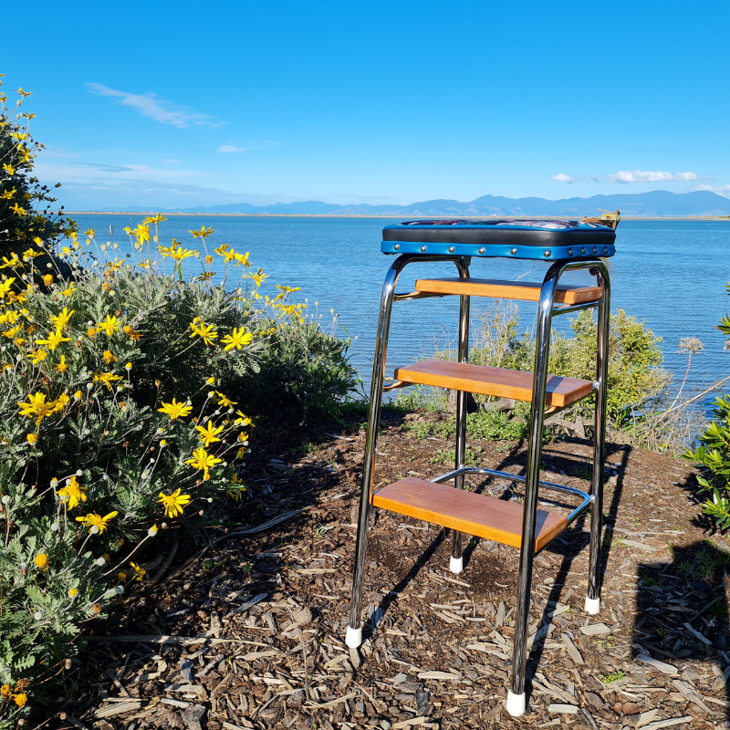 Retro Chrome Stool - Seat - Wooden Steps