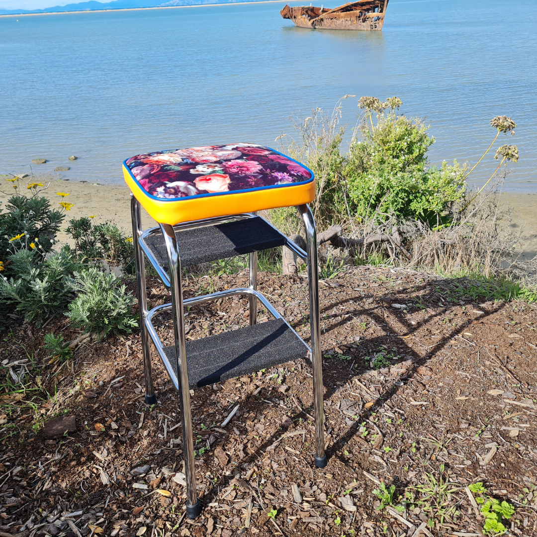Retro Chrome Step Stool - Seat Flower Bombed - Orange