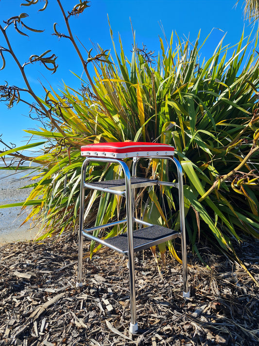 Retro Chrome Step Stool - Seat - Red with White Piping