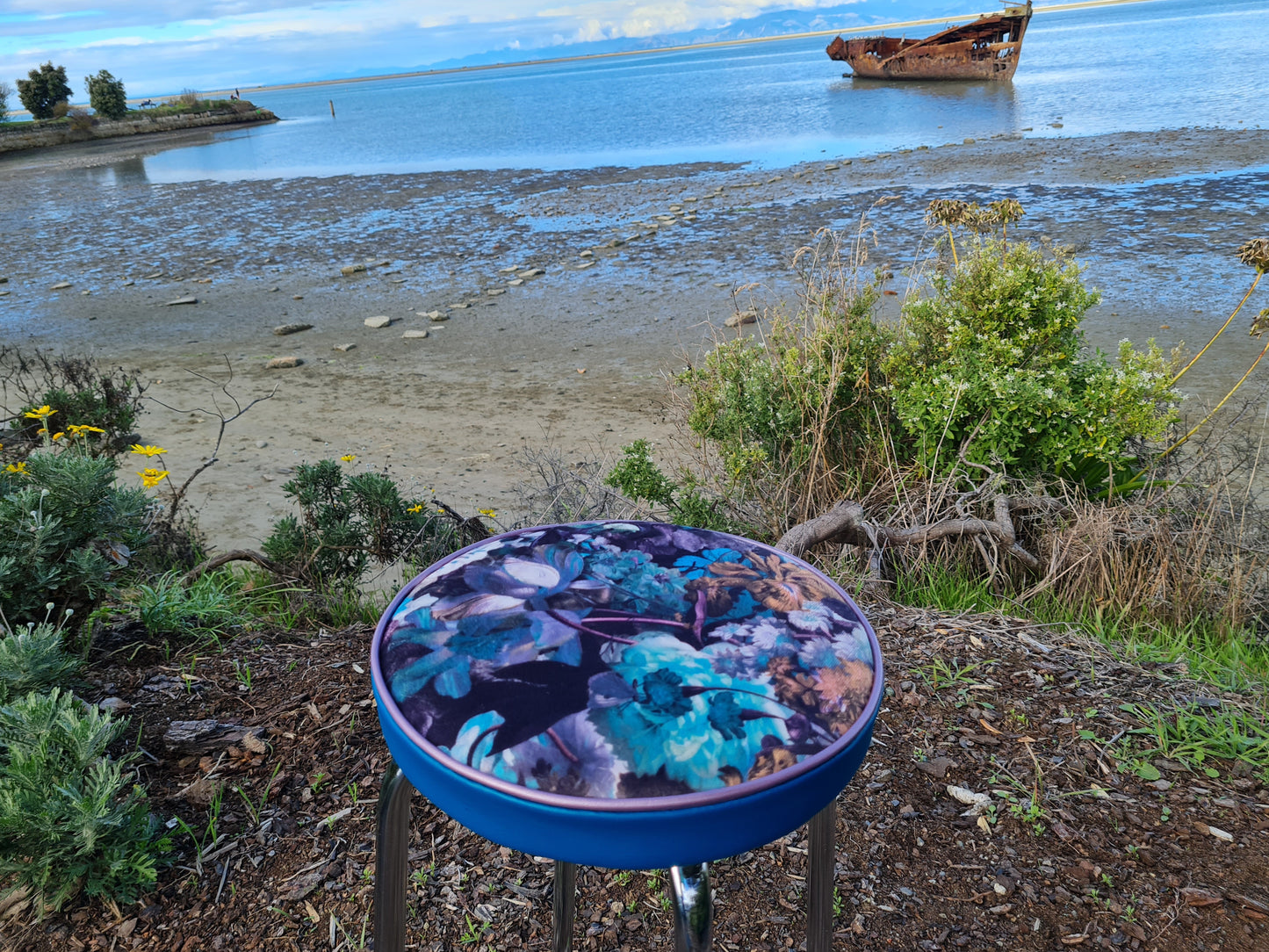 Retro Chrome Stool - Seat - Flower bomb - Blues