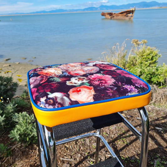 Retro Chrome Step Stool - Seat Flower Bombed - Orange