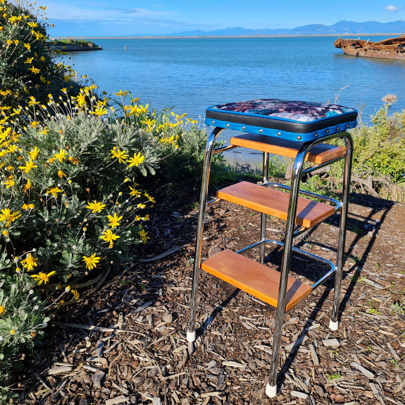 Retro Chrome Stool - Seat - Wooden Steps