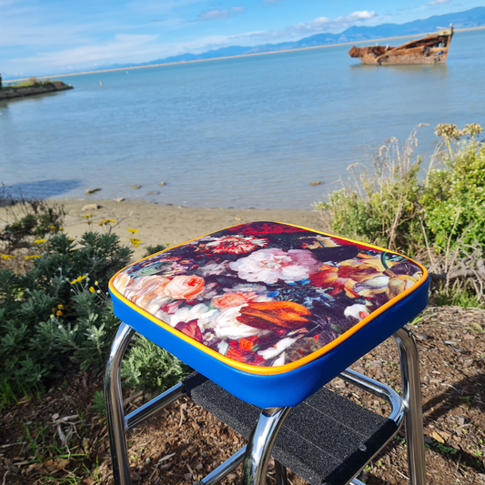 Retro Chrome Step Stool - Seat Flower Bombed Teal