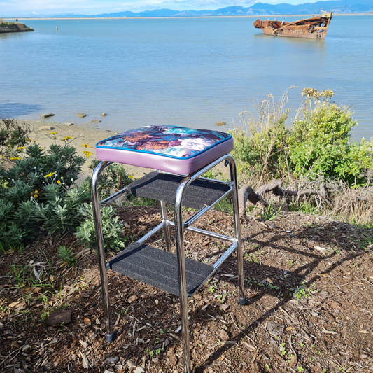 Retro Chrome Step Stool - Seat Flower Bombed Purple