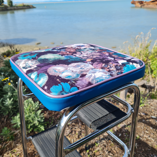 Retro Chrome Step Stool - Seat Flower Bombed Teal - Purple