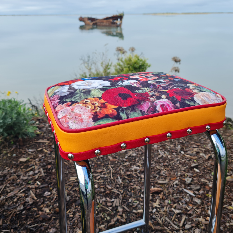 Retro Chrome Stool - Seat - Wooden Steps