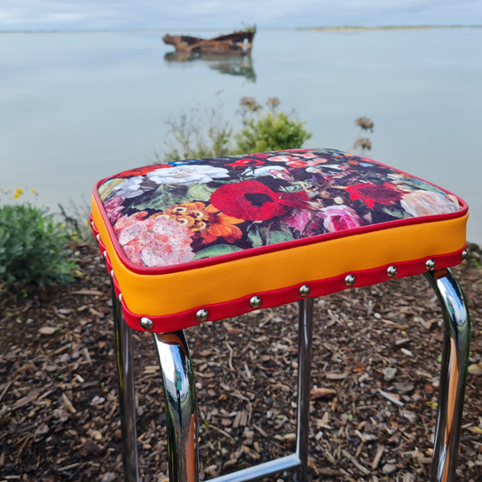 Retro Chrome Stool - Seat - Wooden Steps