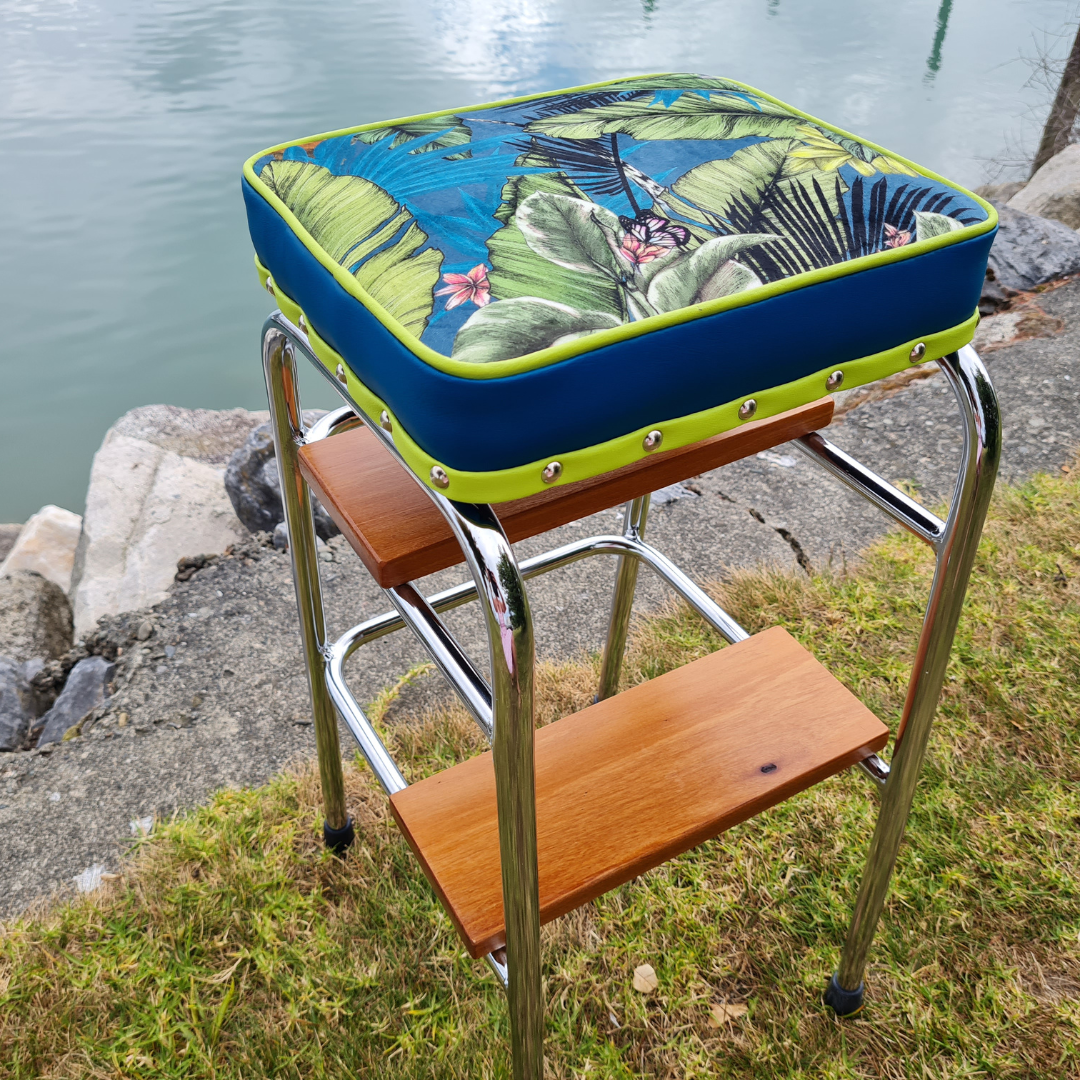 Retro Chrome Step Stool - Seat - Wooden Steps