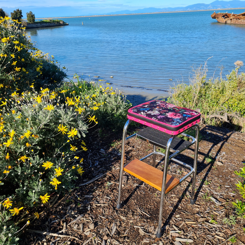 Retro Chrome Stool - Seat - Wooden Step