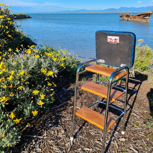Retro Chrome Stool - Seat - Wooden Steps
