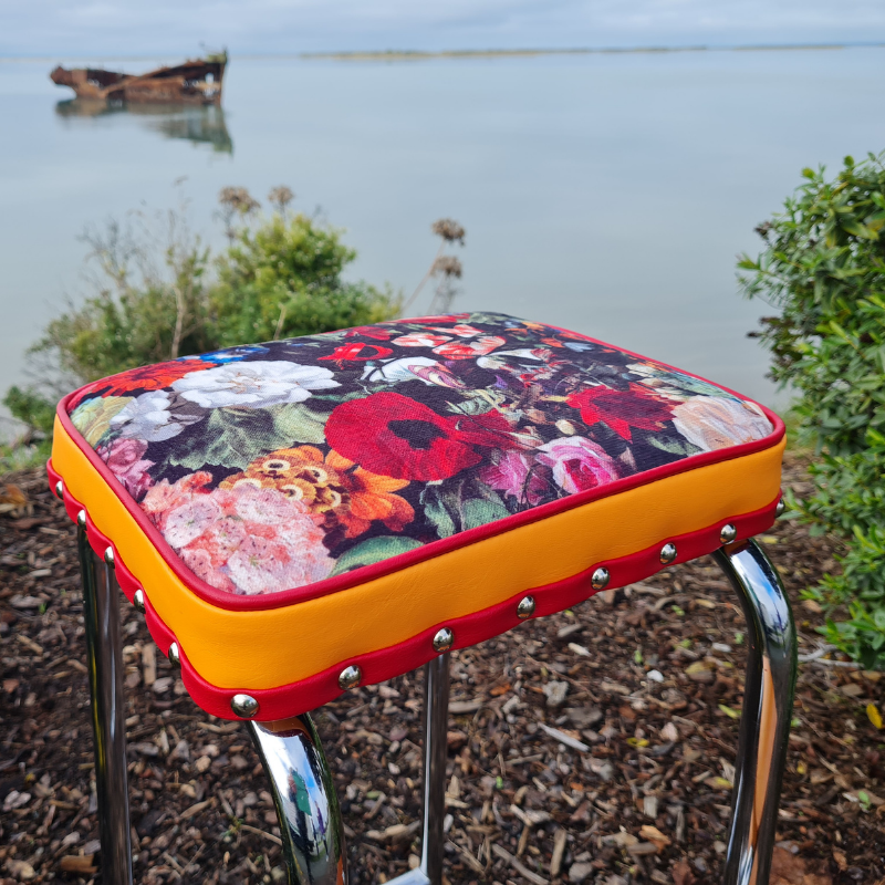 Retro Chrome Stool - Seat - Wooden Steps