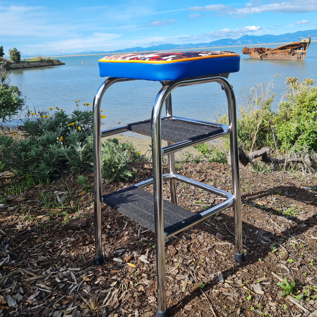 Retro Chrome Step Stool - Seat Flower Bombed Teal