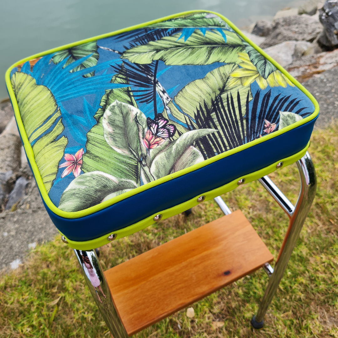 Retro Chrome Step Stool - Seat - Wooden Steps