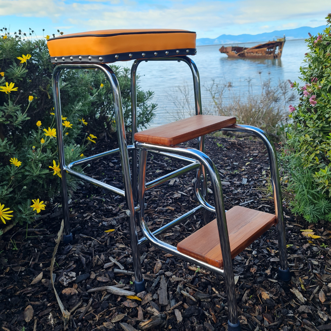 Retro Chrome Stool - Seat - Wooden Steps