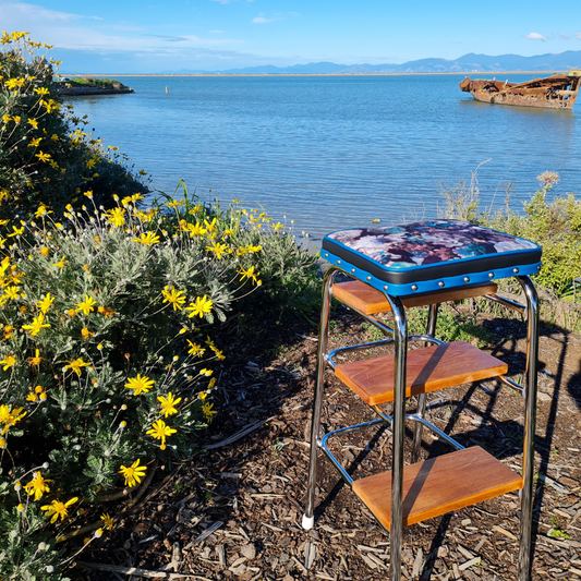 Retro Chrome Stool - Seat - Wooden Steps