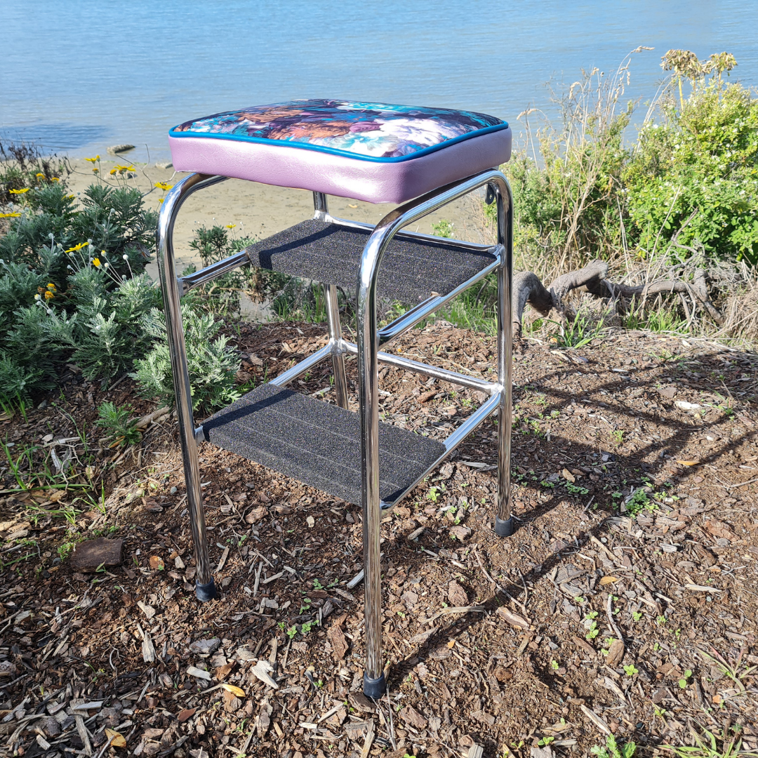 Retro Chrome Step Stool - Seat Flower Bombed Purple