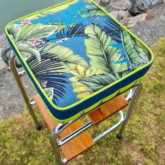 Retro Chrome Step Stool - Seat - Wooden Steps