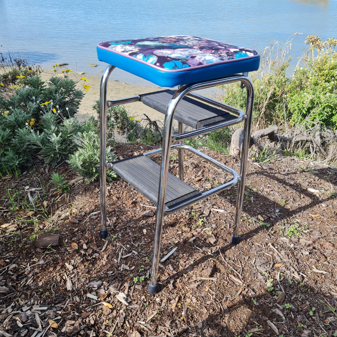Retro Chrome Step Stool - Seat Flower Bombed Teal - Purple