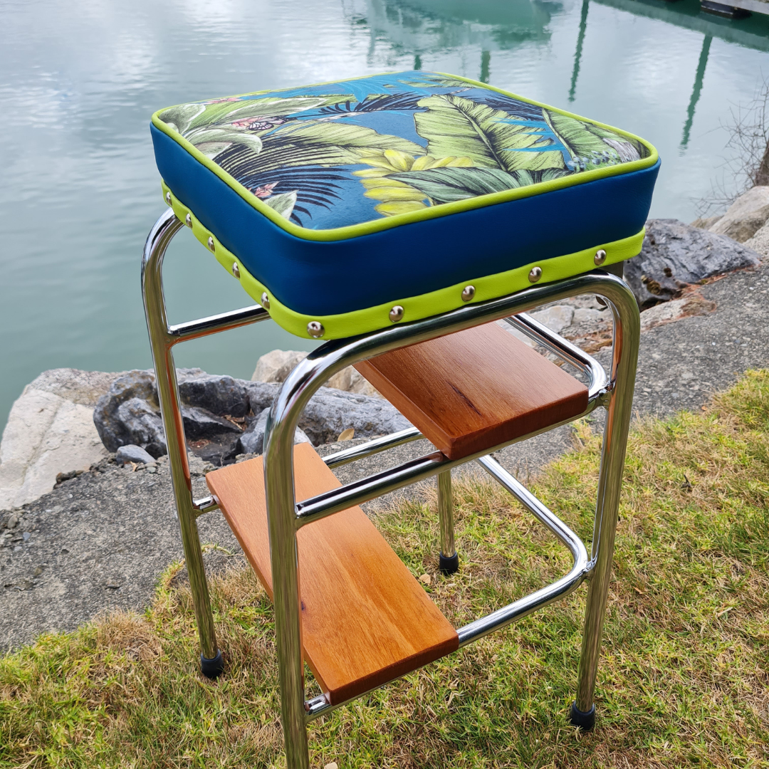Retro Chrome Step Stool - Seat - Wooden Steps