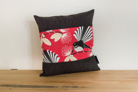Pīwakawaka Cushion Cover - Fantail Red - Black Border