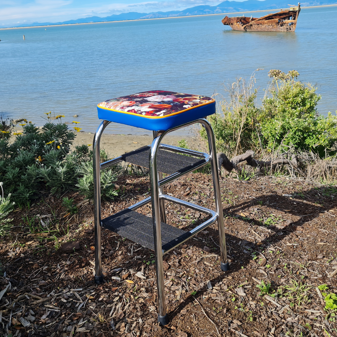 Retro Chrome Step Stool - Seat Flower Bombed Teal