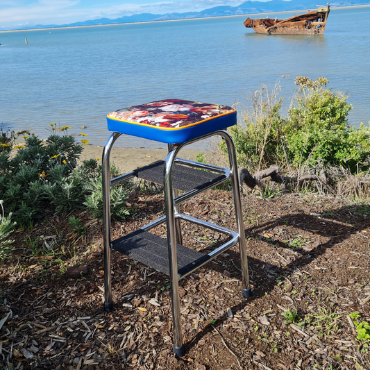 Retro Chrome Step Stool - Seat Flower Bombed Teal