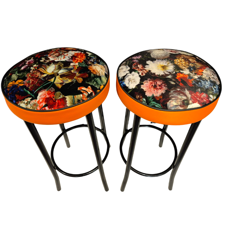 Pair of Upcycled Industrial Bar Stools in Warwick 'Flower Bomb'